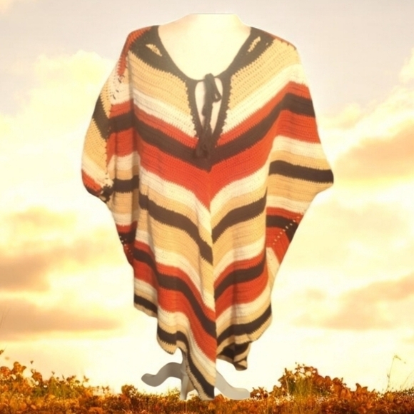 Crochet Long Poncho Multi Color Striped brown/cream/rust Hippie Festival OS - Picture 12 of 12